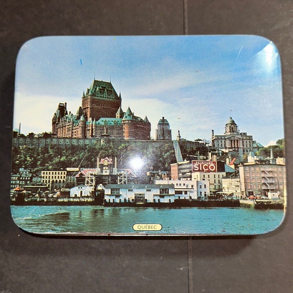 Vintage Blue bird confectionery hinged tin box.  Quebec scene